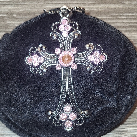 Pink Crystal Cross Pendant Necklace - Women Jewelry - Picture 3 of 5